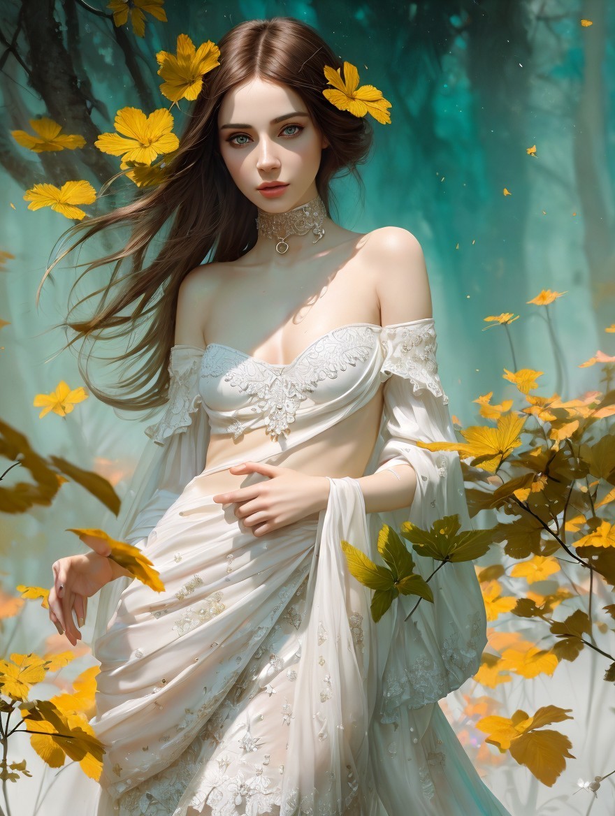 Mystical figure in enchanted forest with autumn leaves