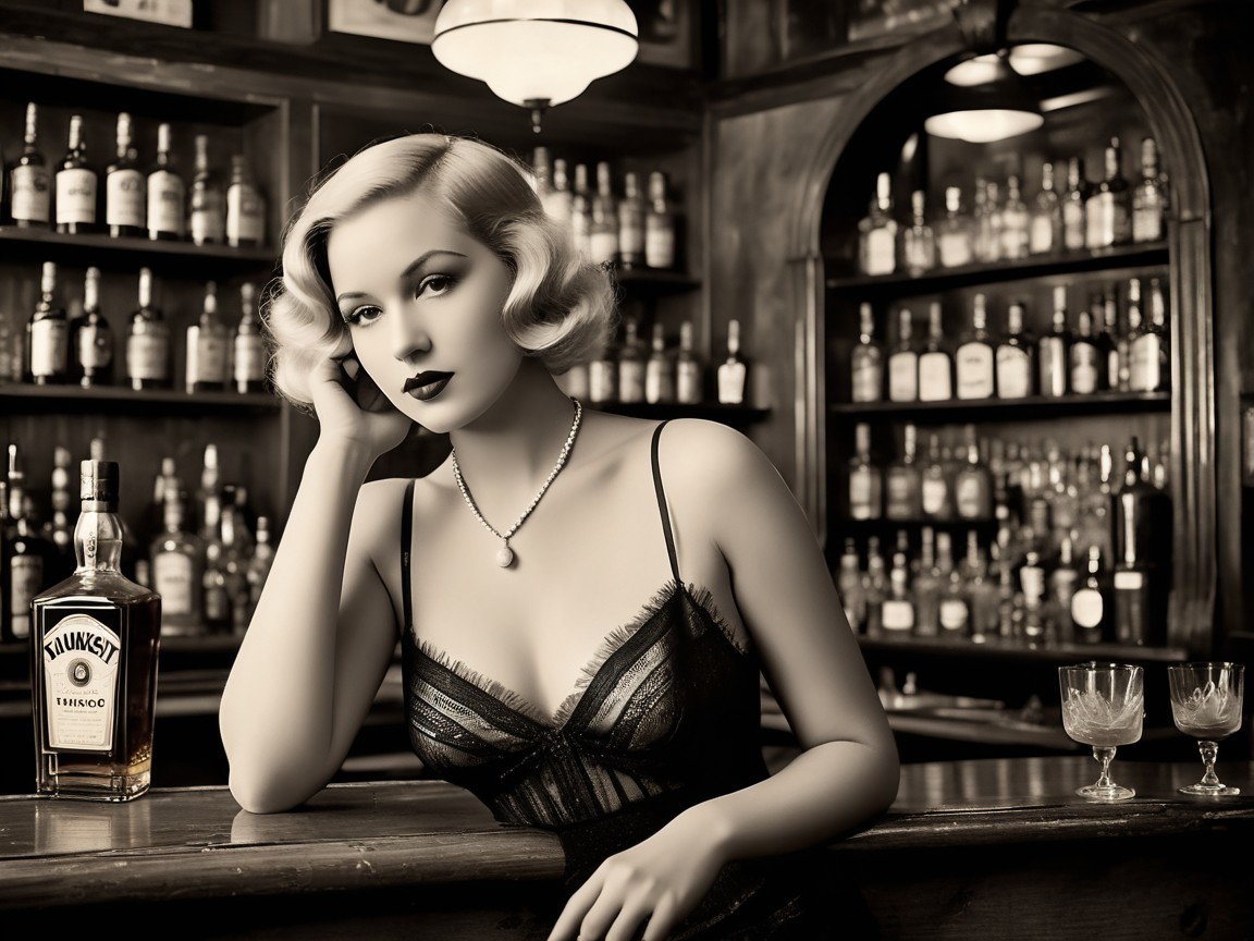 Black and white photo of a woman at a bar