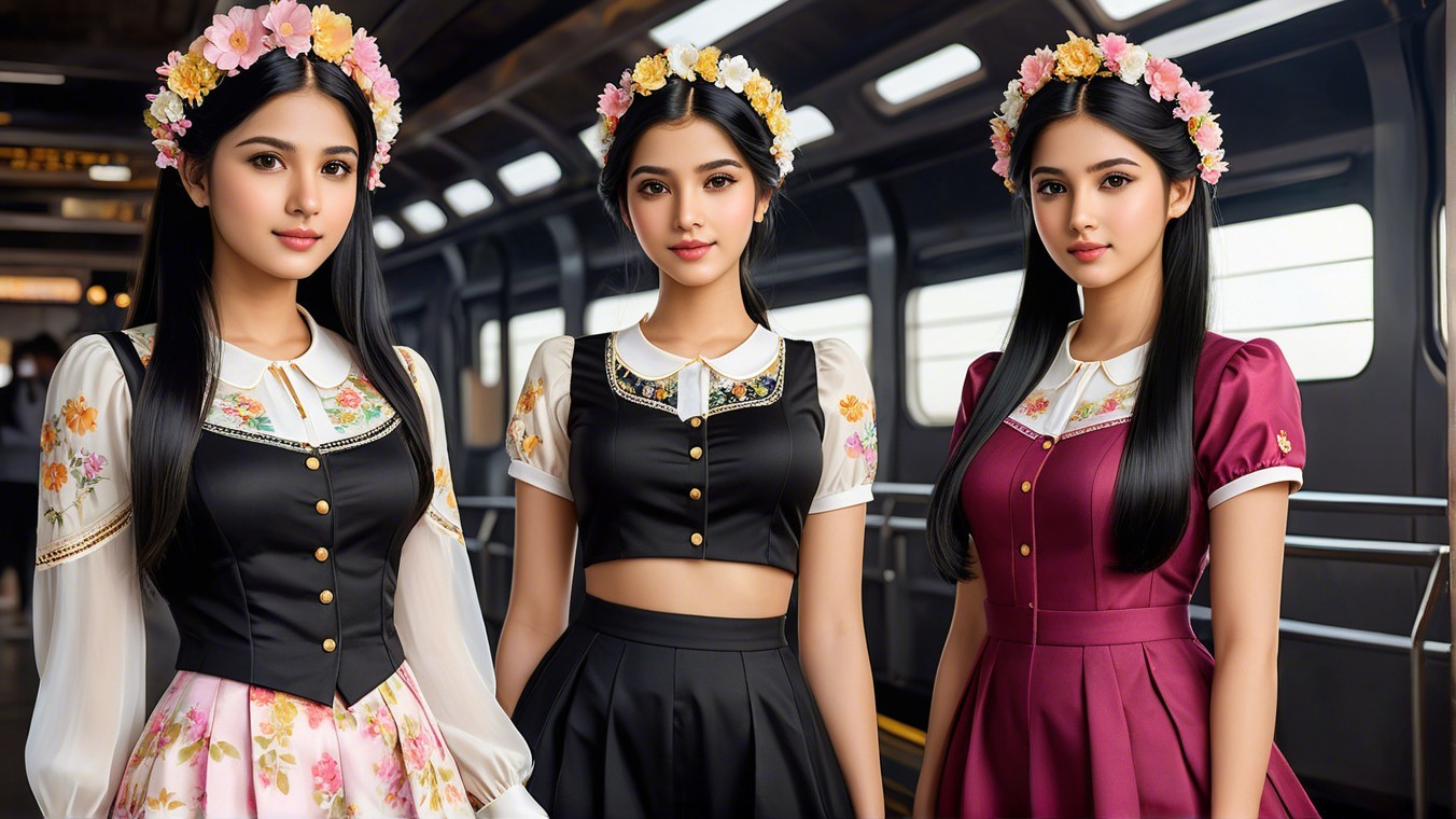 Young Women in Floral Outfits in Train Carriage