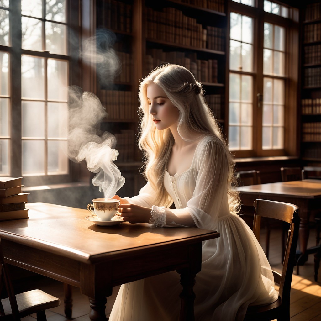 Young woman in a sunlit library with tea and books