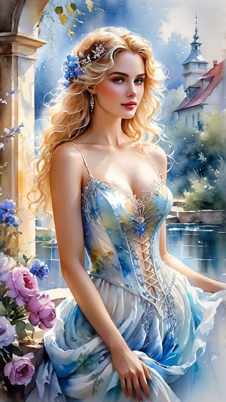 Elegant Woman by Serene Waterway in Dreamlike Setting