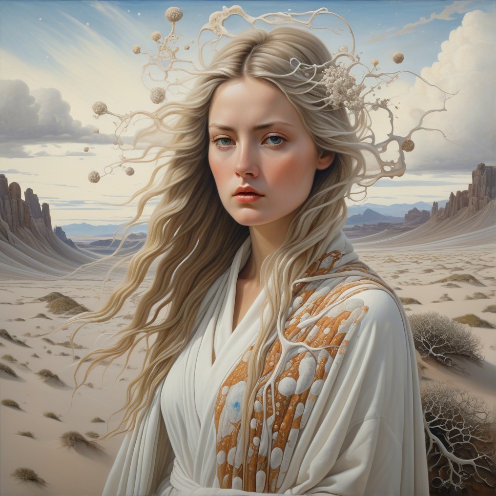 Ethereal Woman in Desolate Landscape with Flowing Robe