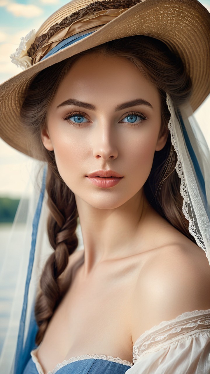 Young woman in straw hat by serene water backdrop