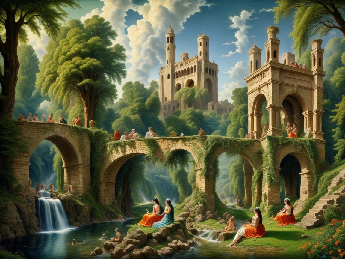 Ethereal Landscape with Ivy-Covered Bridges and Castles