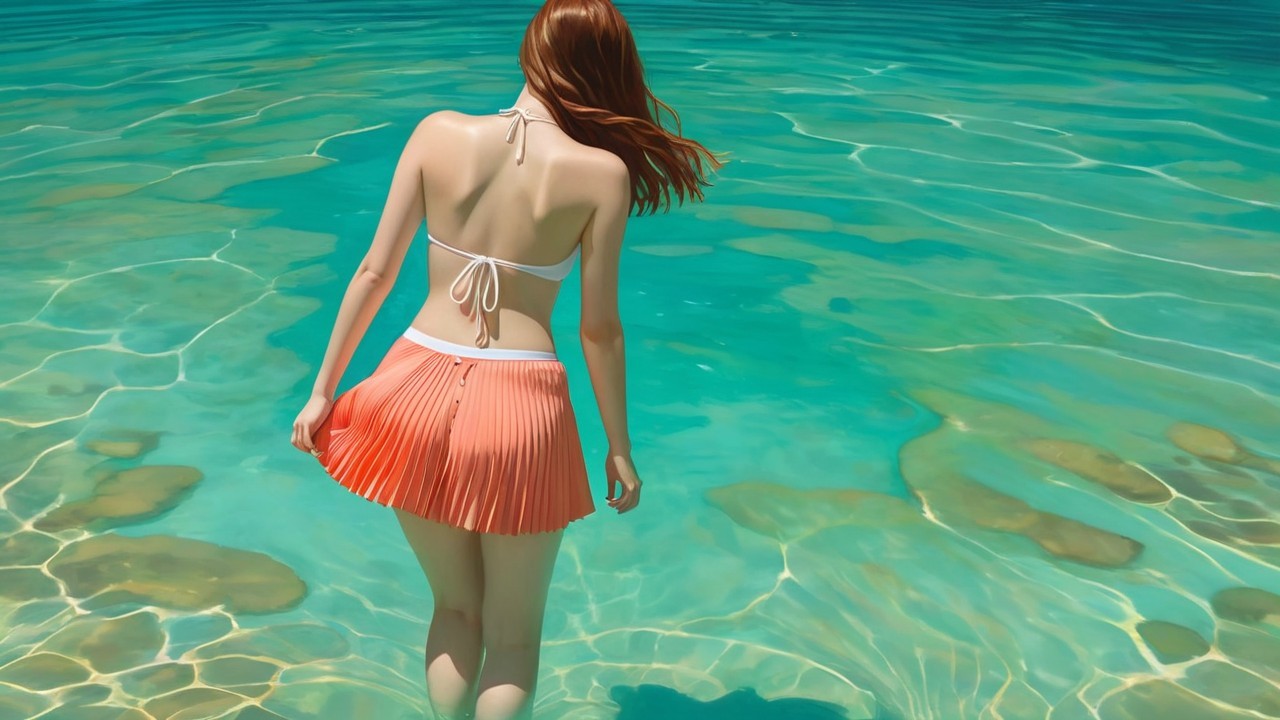 Young Woman by Turquoise Water in Coral Skirt