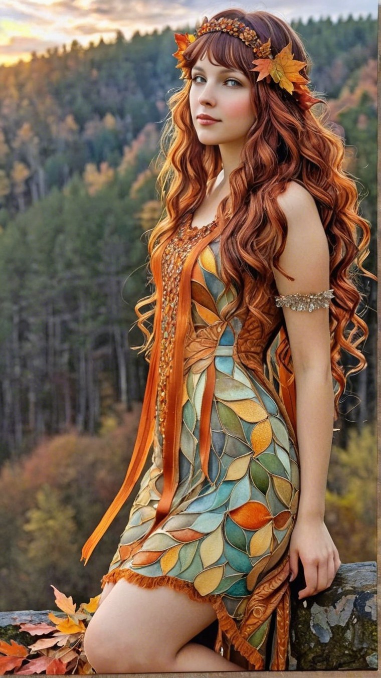 Young Woman in Leaf-Patterned Dress at Sunset Forest