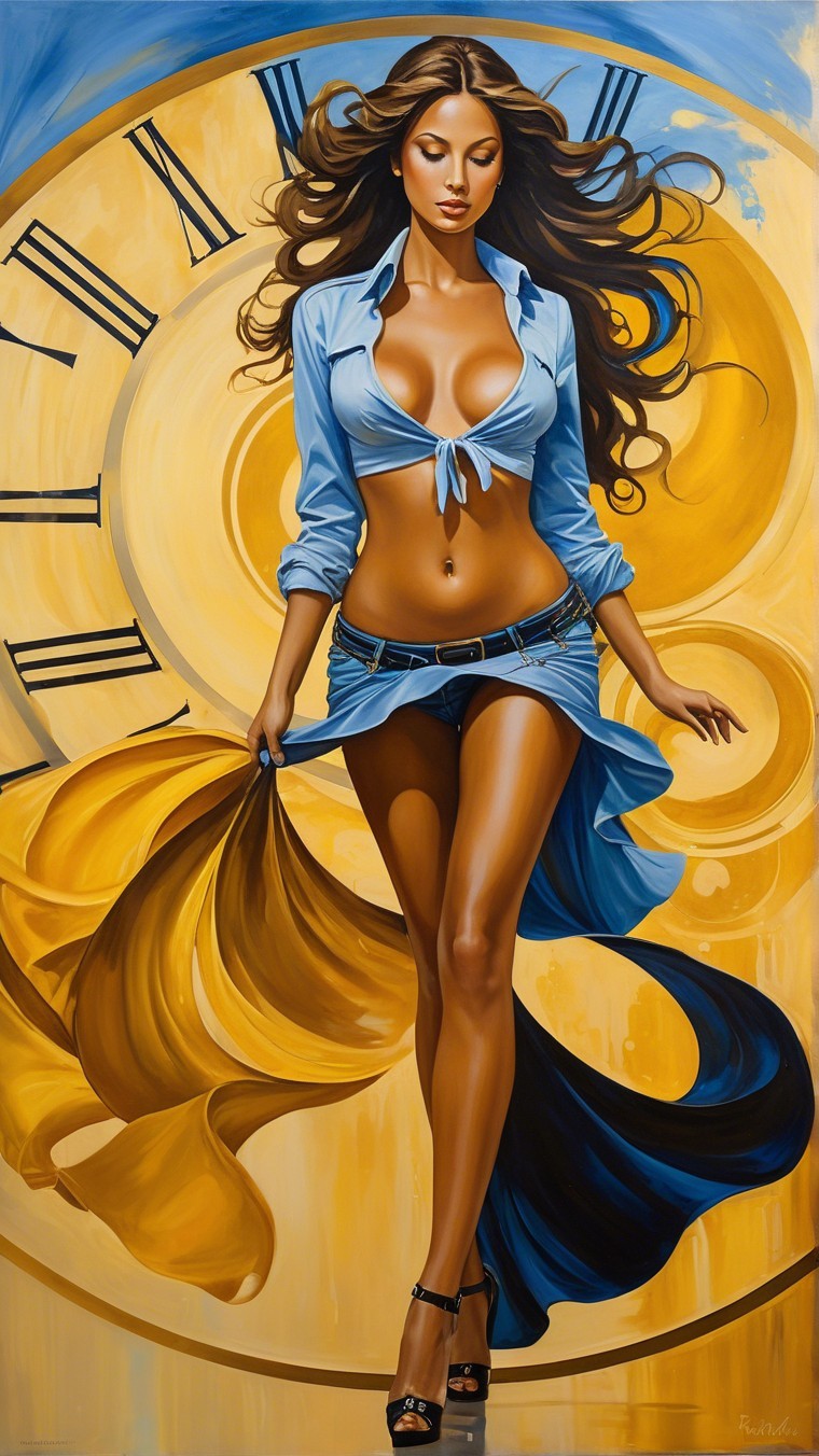 Colorful Painting of Confident Woman with Clock Background