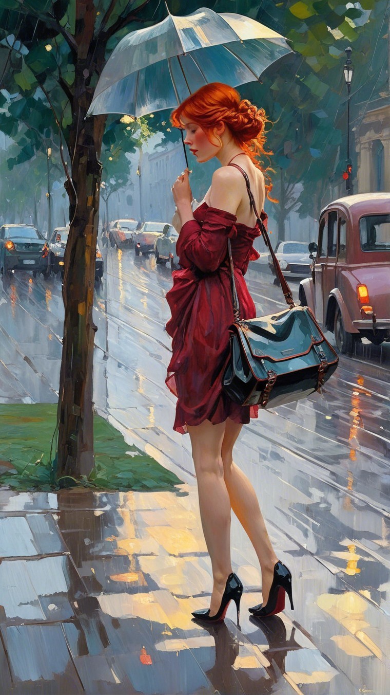 Elegant Woman with Red Hair on Rainy Street