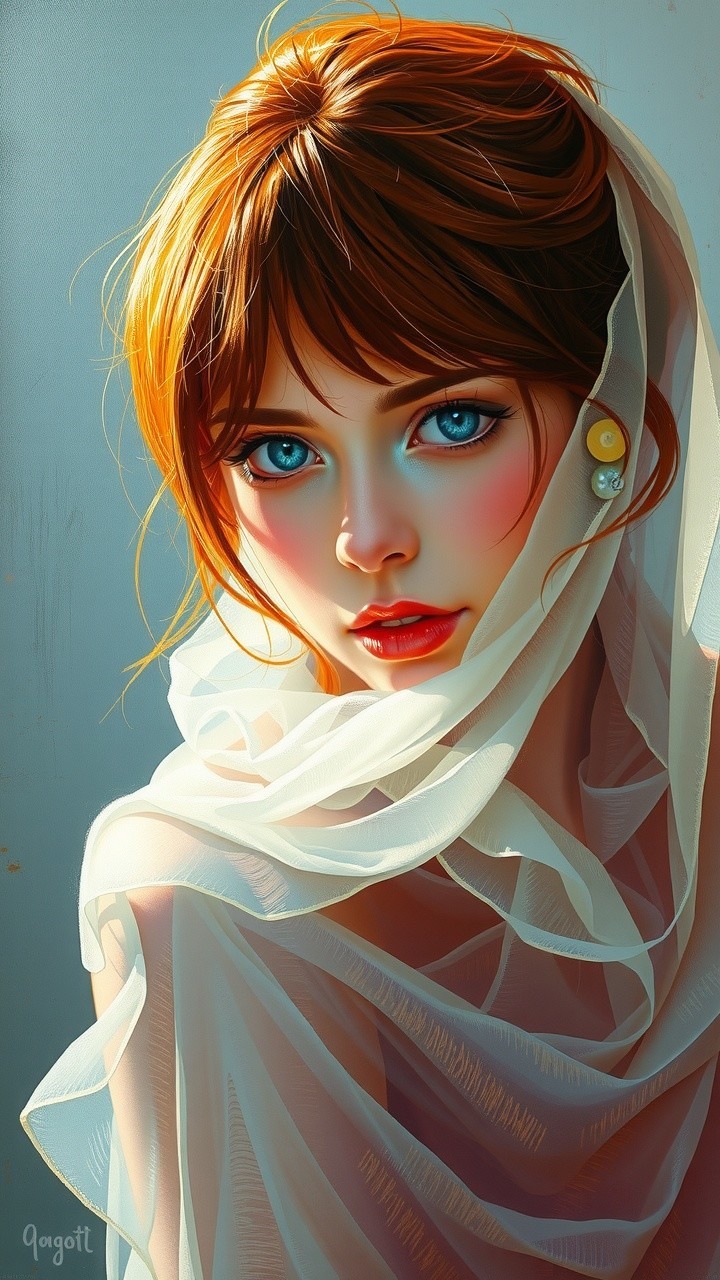 Portrait of a Young Woman with Blue Eyes and Veil