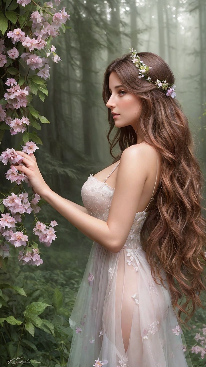 Young Woman in Ethereal Dress in Serene Forest