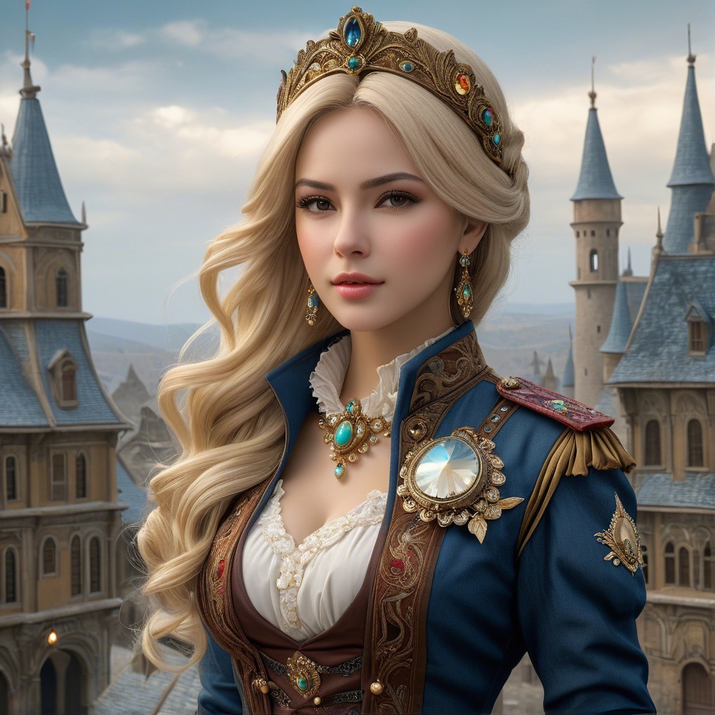 Regal figure in blue uniform with gold embellishments
