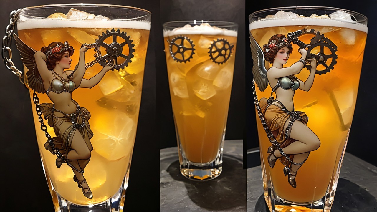 Amber Cocktail in Tall Glass with Steampunk Charm