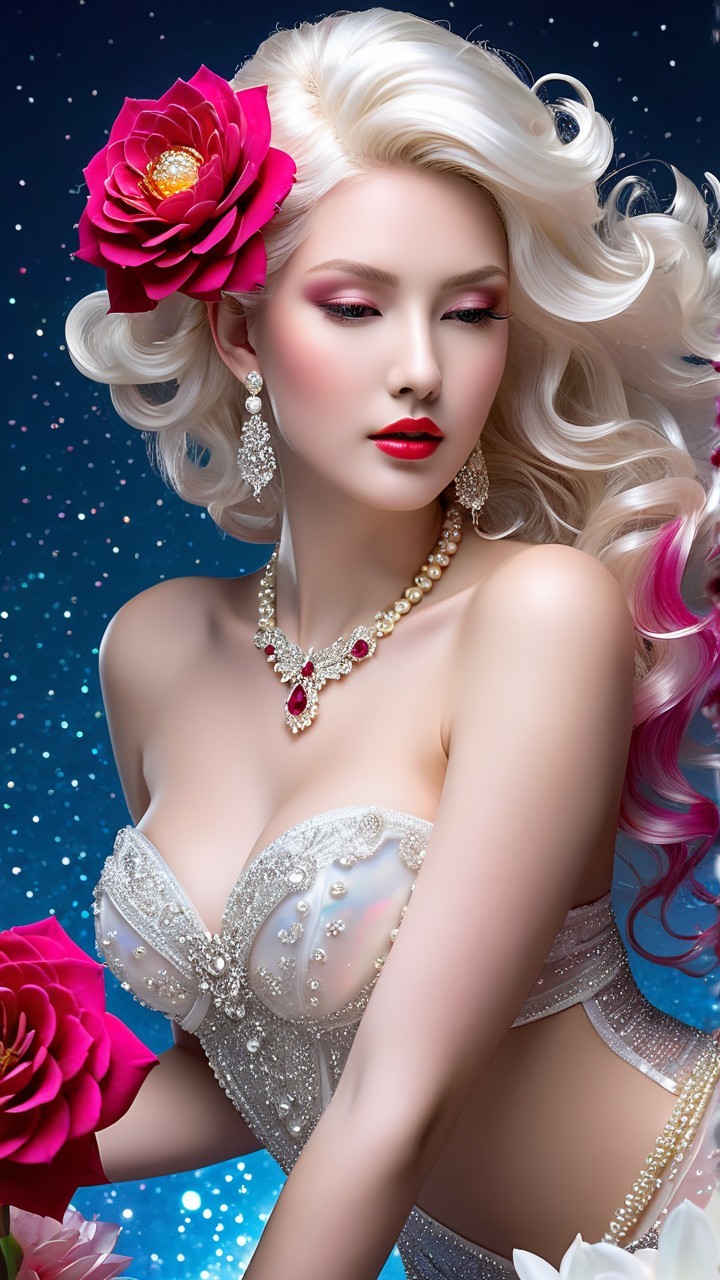Glamorous Woman with Platinum Hair and Pink Flower
