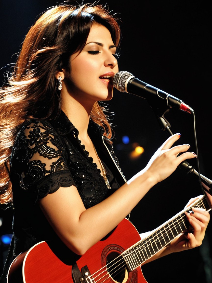 Young woman sings with guitar in intimate setting