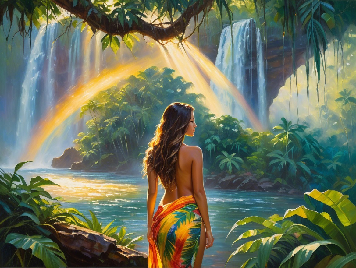 Young Woman by Tranquil River with Waterfalls and Rainbow