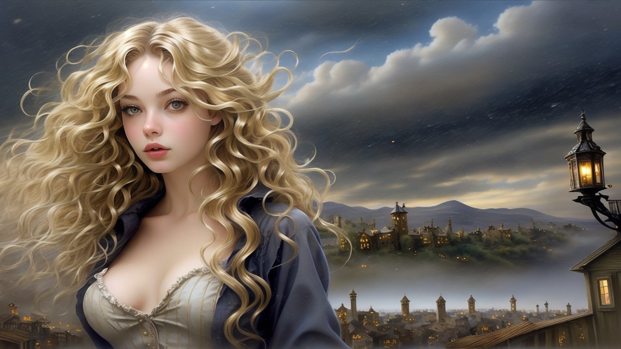 Blonde Woman in Twilight Cityscape with Lantern Light