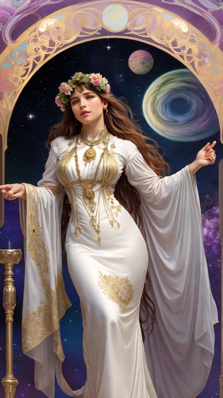 Ethereal figure in white gown against cosmic backdrop