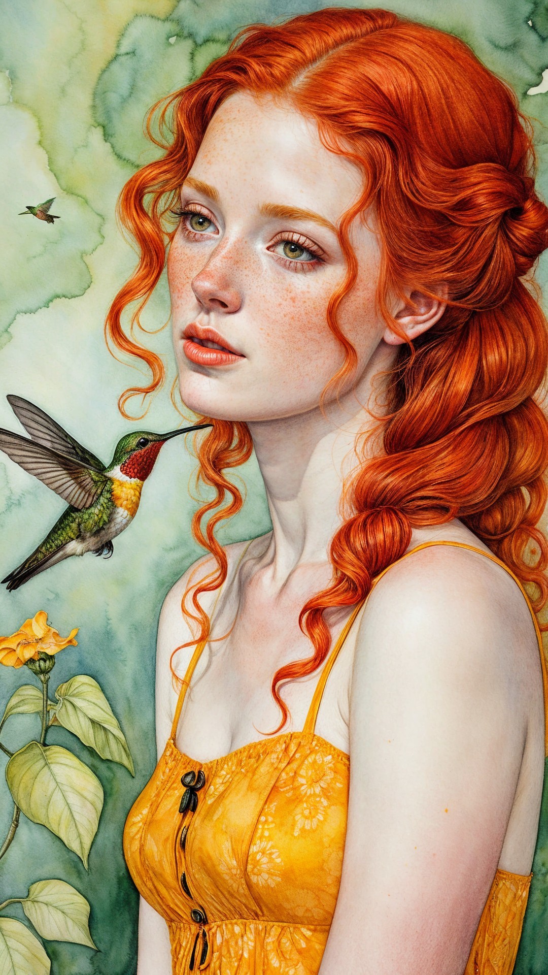 Young woman in yellow dress with red hair and hummingbird