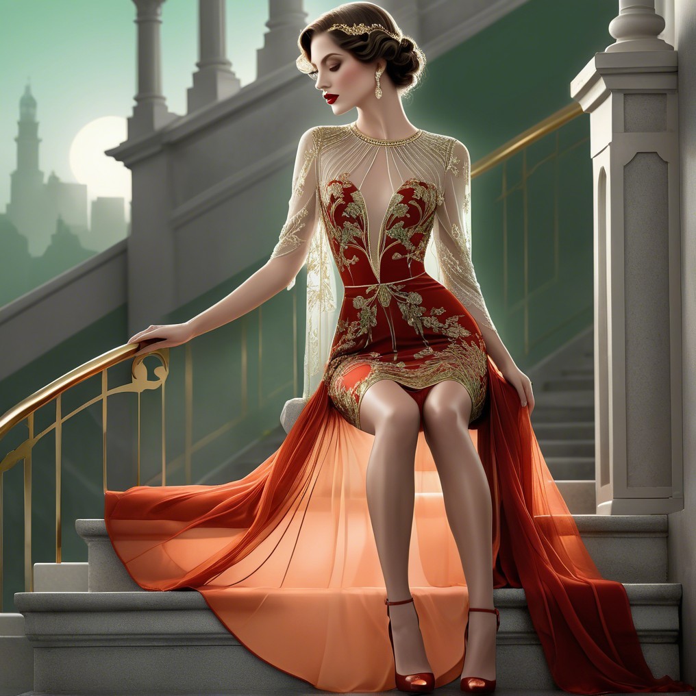 Glamorous Woman in Elegant Red Gown on Staircase
