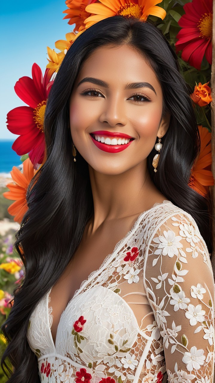 Young woman in embroidered dress with floral backdrop