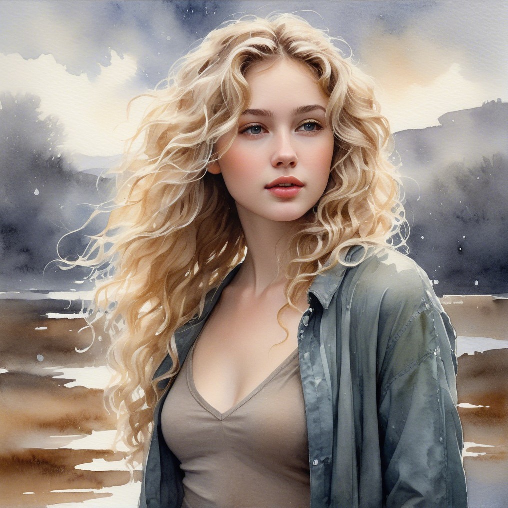 Young woman with blonde curls in a misty landscape
