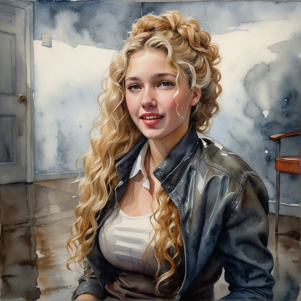 Young woman with blonde hair in casual outfit and soft background