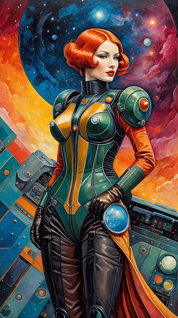 Female Astronaut in Vibrant Suit Against Cosmic Backdrop