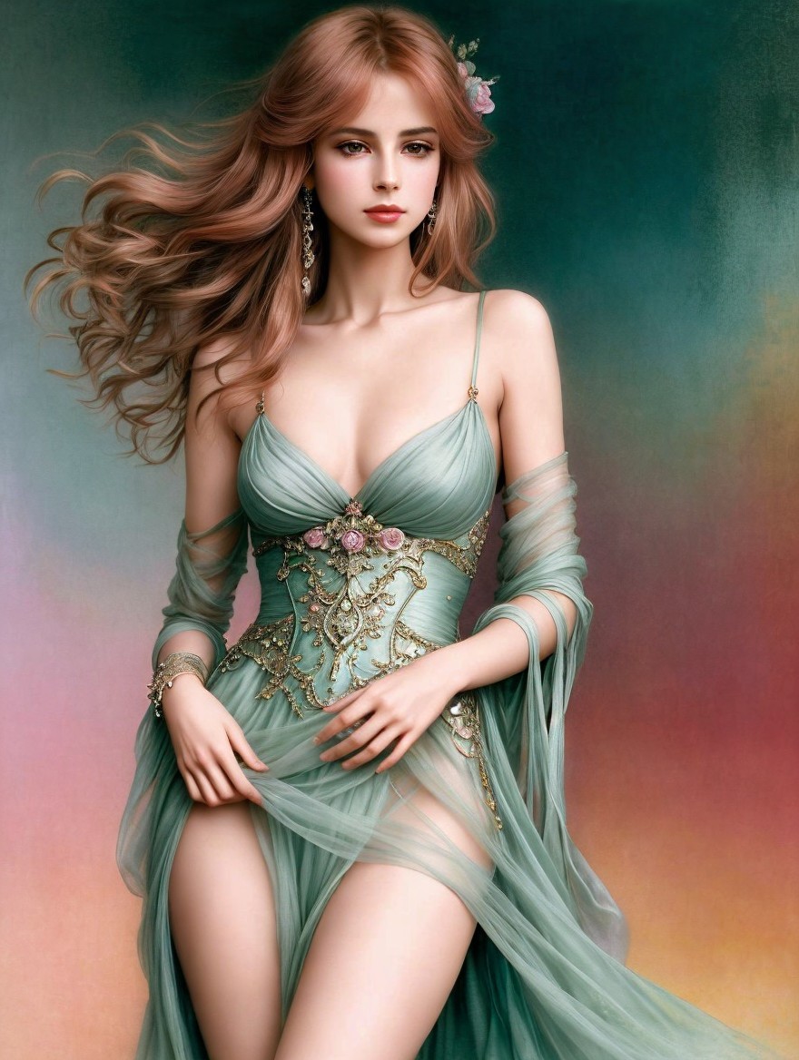 Elegant figure in green gown with floral embellishments