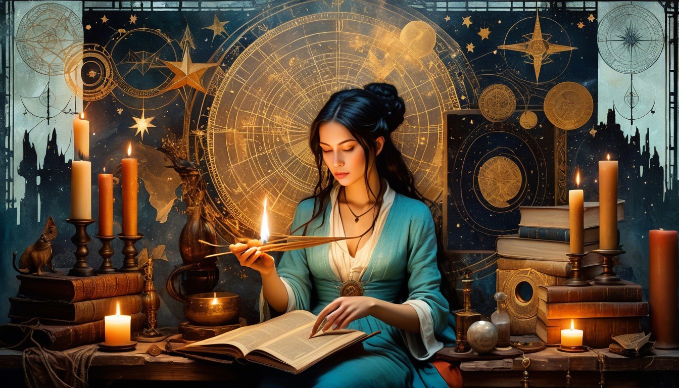 Mystical Scene with Woman, Books, and Celestial Maps