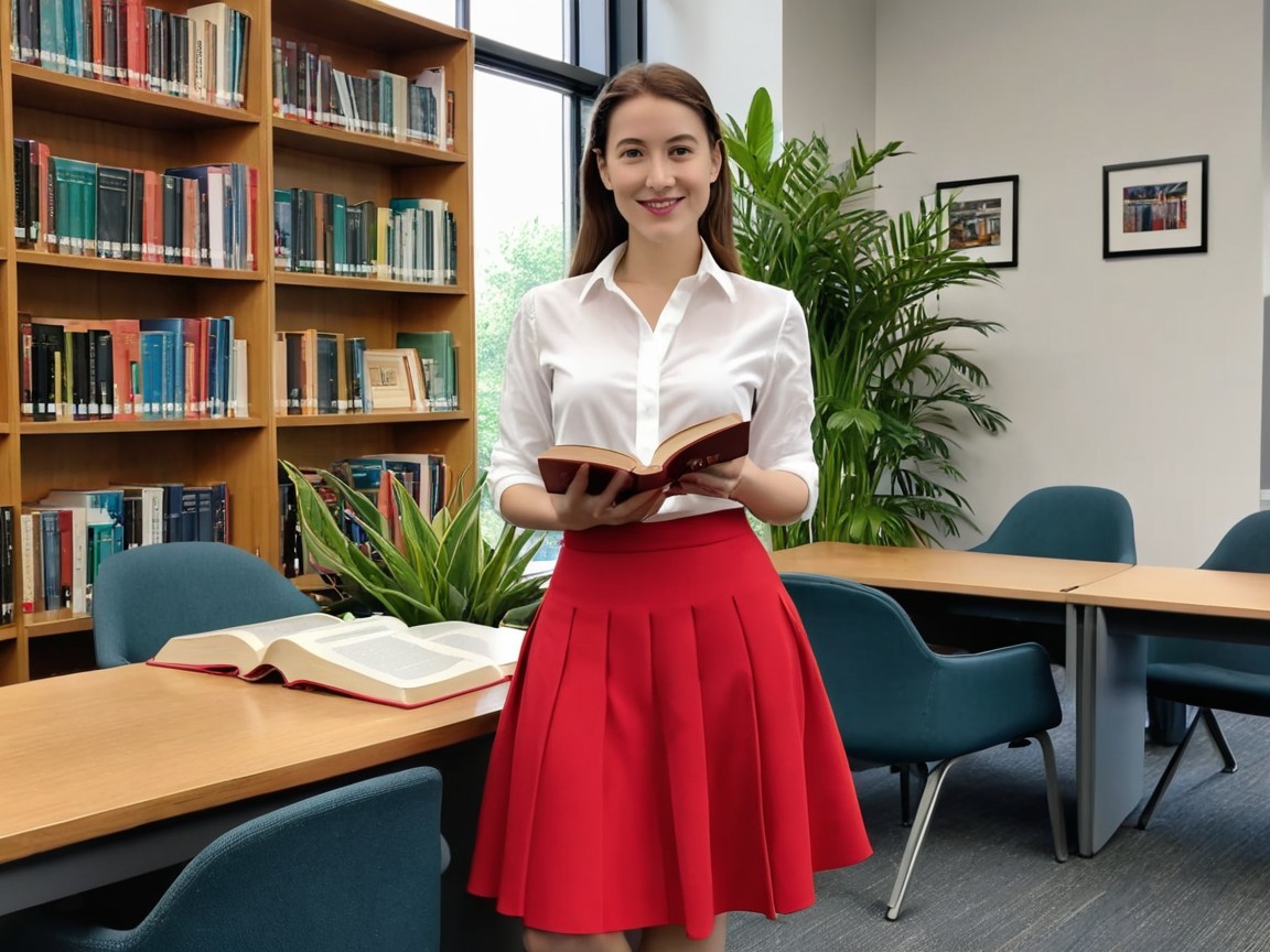 Young woman in library with book and colorful shelves