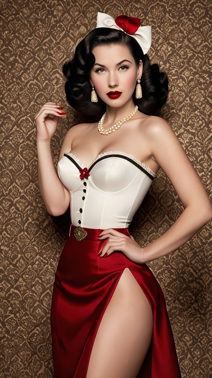 Glamorous Pin-Up Model in Vintage Corset and Skirt