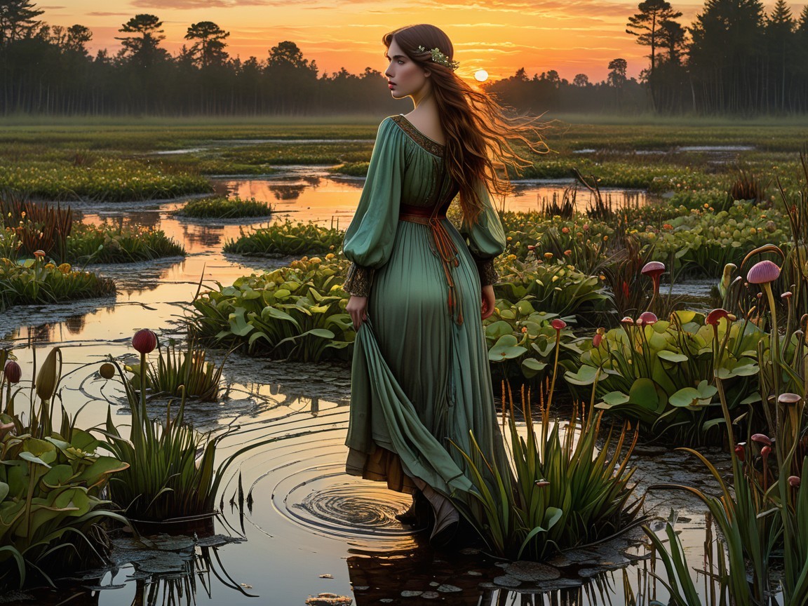 Young Woman in Green Gown at Sunset in Marsh