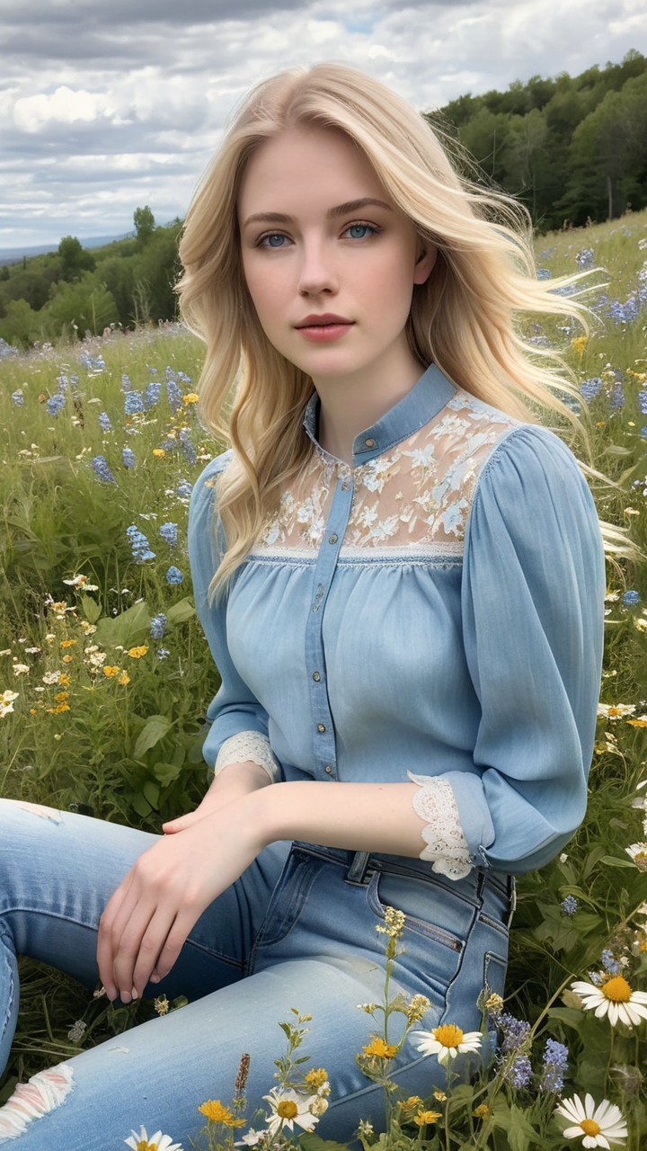 Young woman in wildflower field with blue shirt and jeans