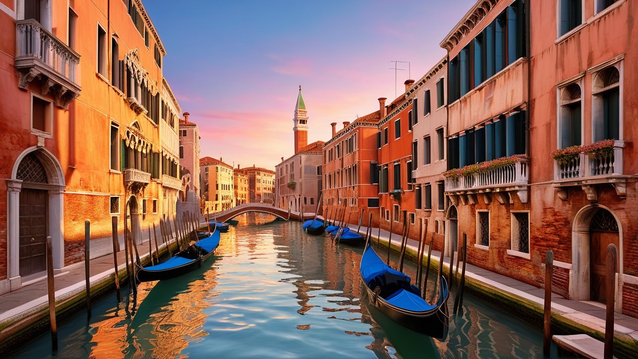 Venetian Canal at Sunset with Gondolas and Architecture