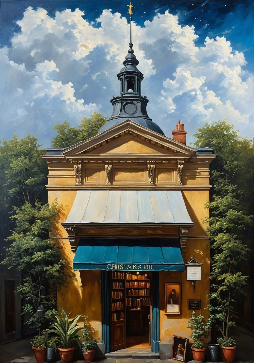 Golden-yellow Building with Turret and Potted Plants