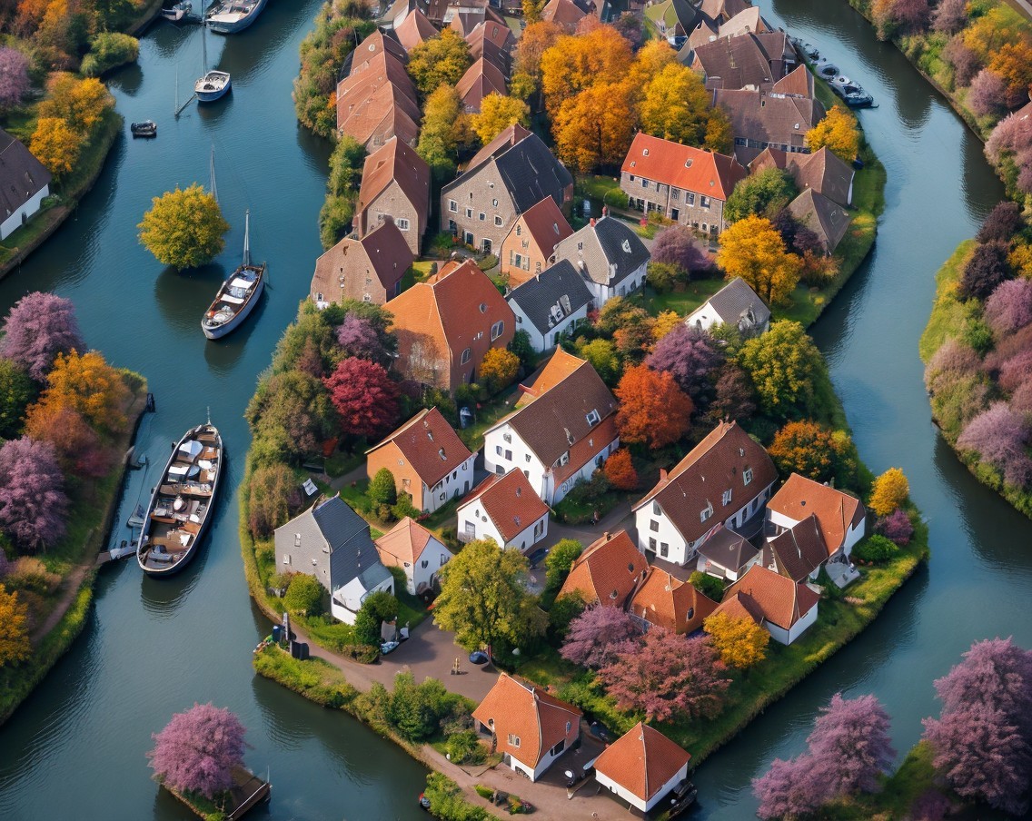 Aerial View of a Village Surrounded by Canals and Foliage