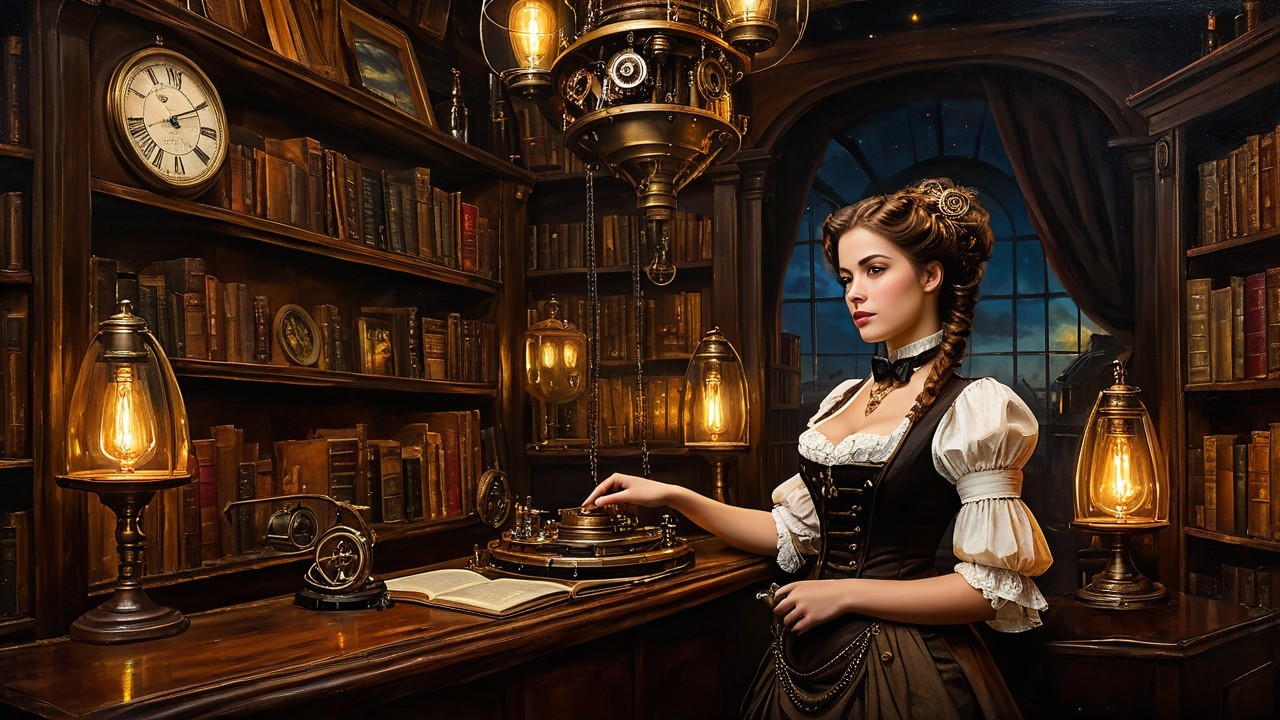 Victorian Library Scene with Antique Gramophone and Books