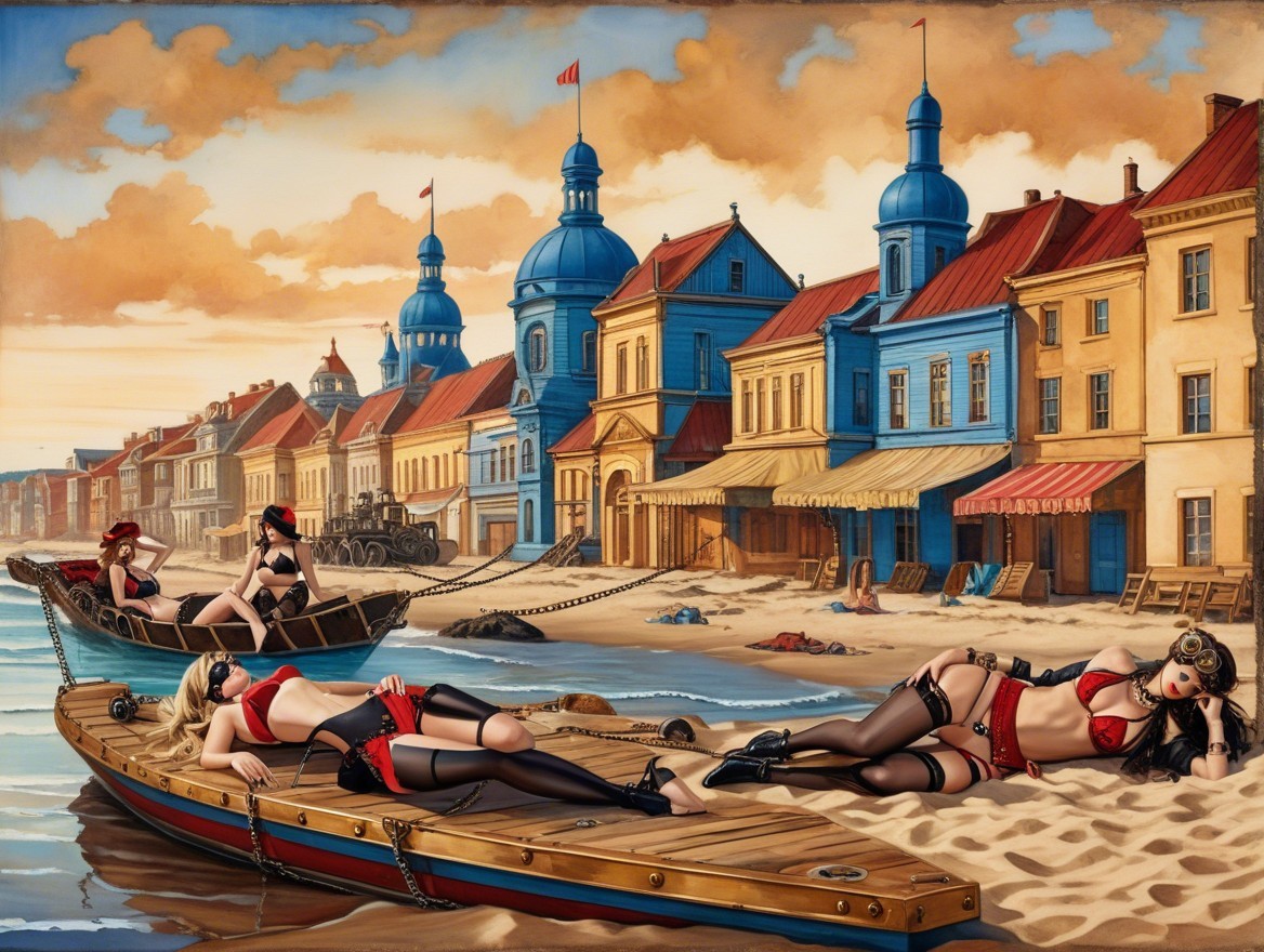Vibrant Seaside Scene with Vintage-Inspired Women