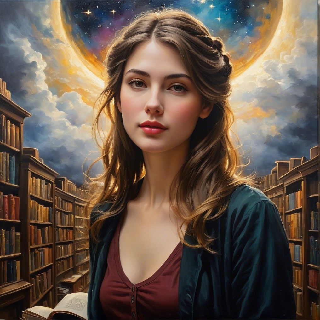 Young woman in grand library with cosmic backdrop