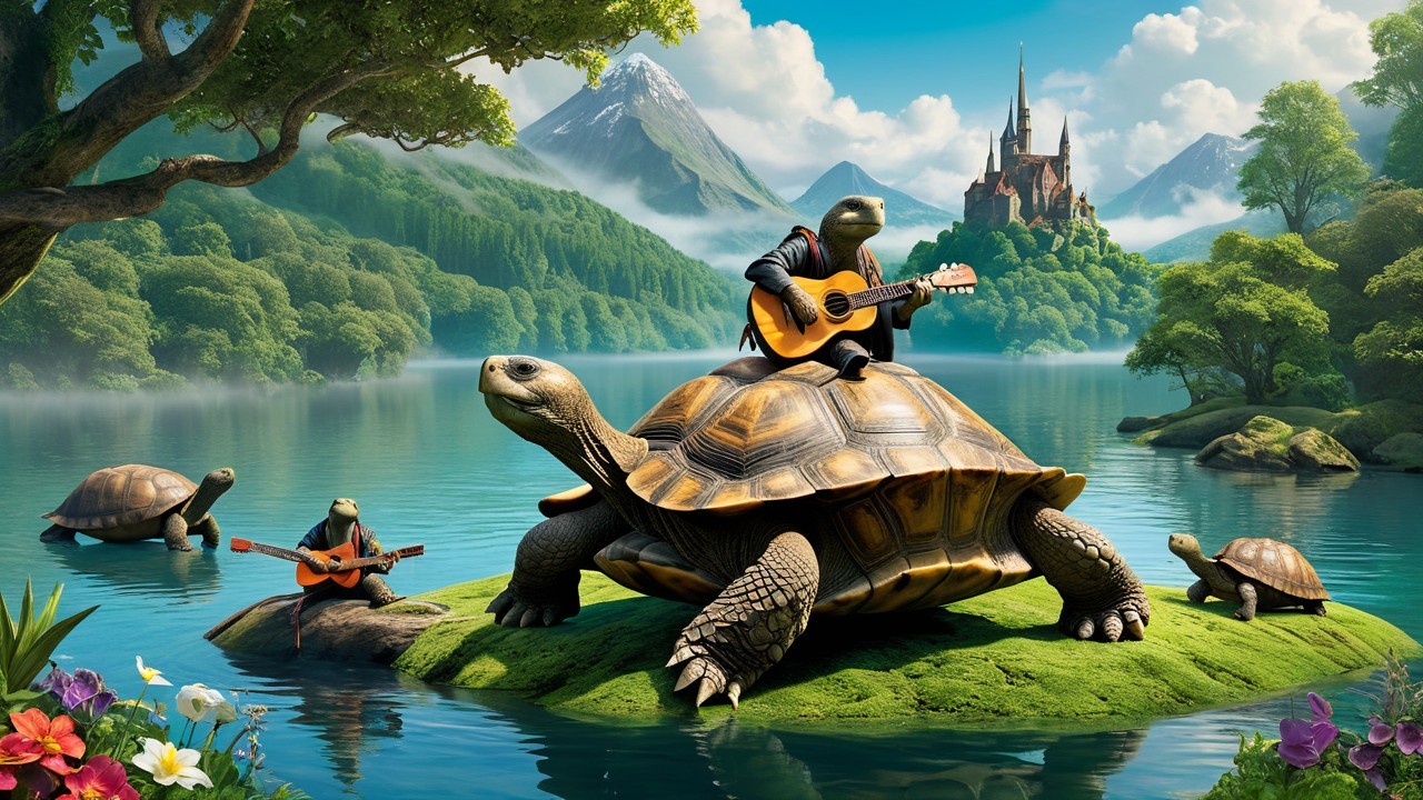 Turtles Playing Music on an Island in a Tranquil Lake