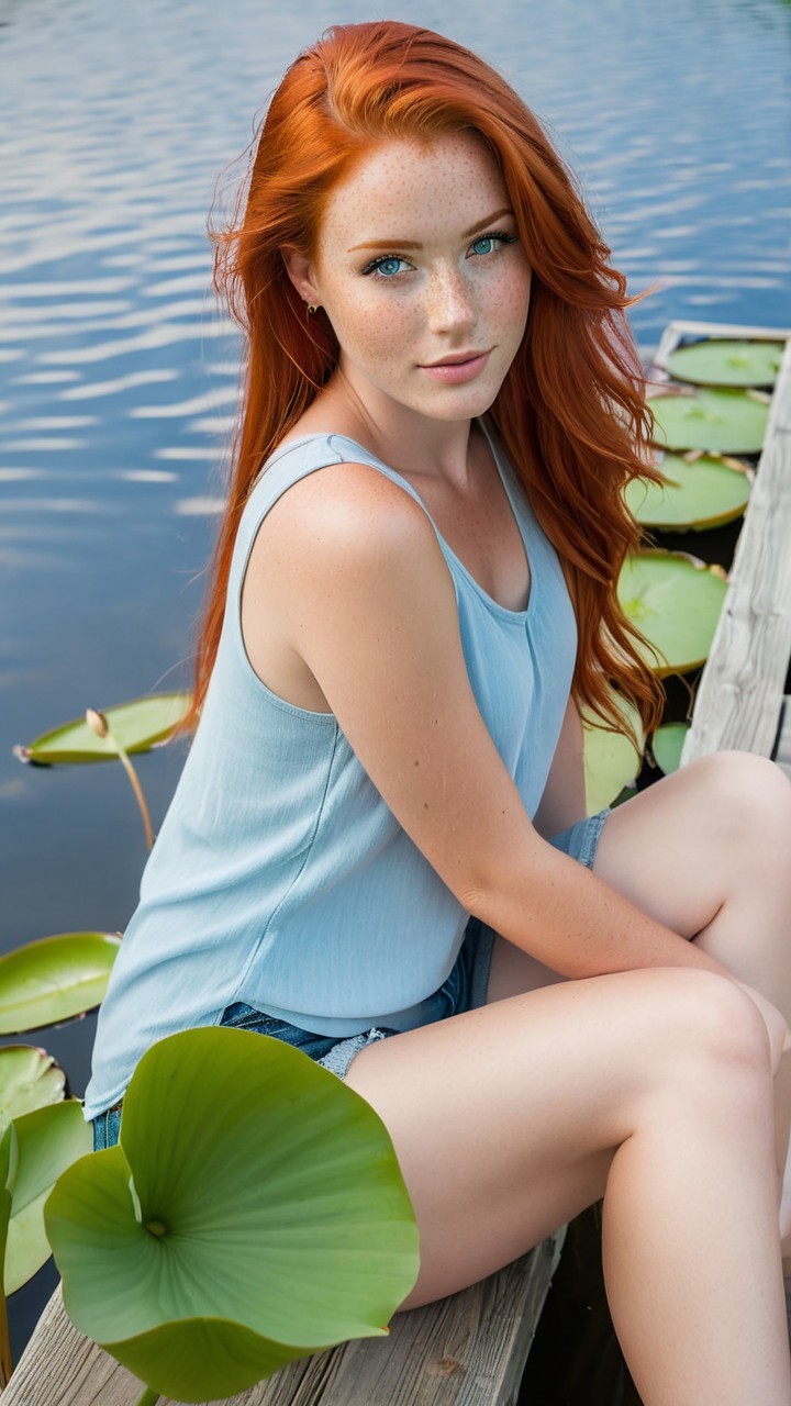 Young woman by water with red hair and blue eyes