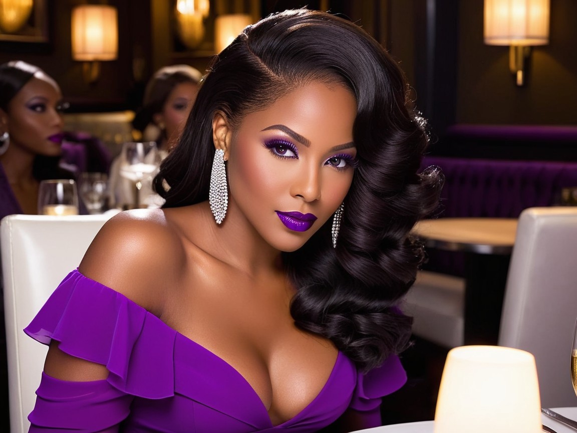 Elegant African American Woman in Purple Dress at Restaurant