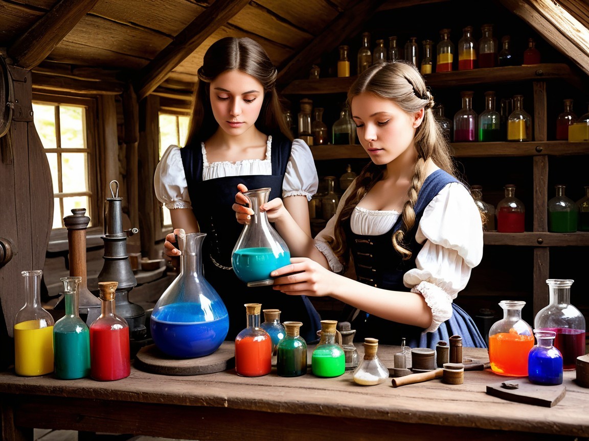 Young Women Mixing Colorful Liquids in Apothecary