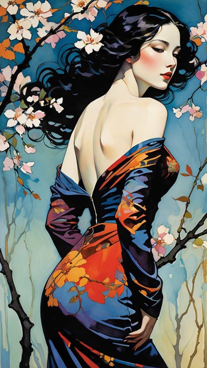 Elegant Woman in Floral Dress with Cherry Blossoms