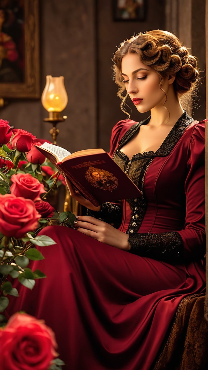 Elegant woman in red gown reading in decorated room