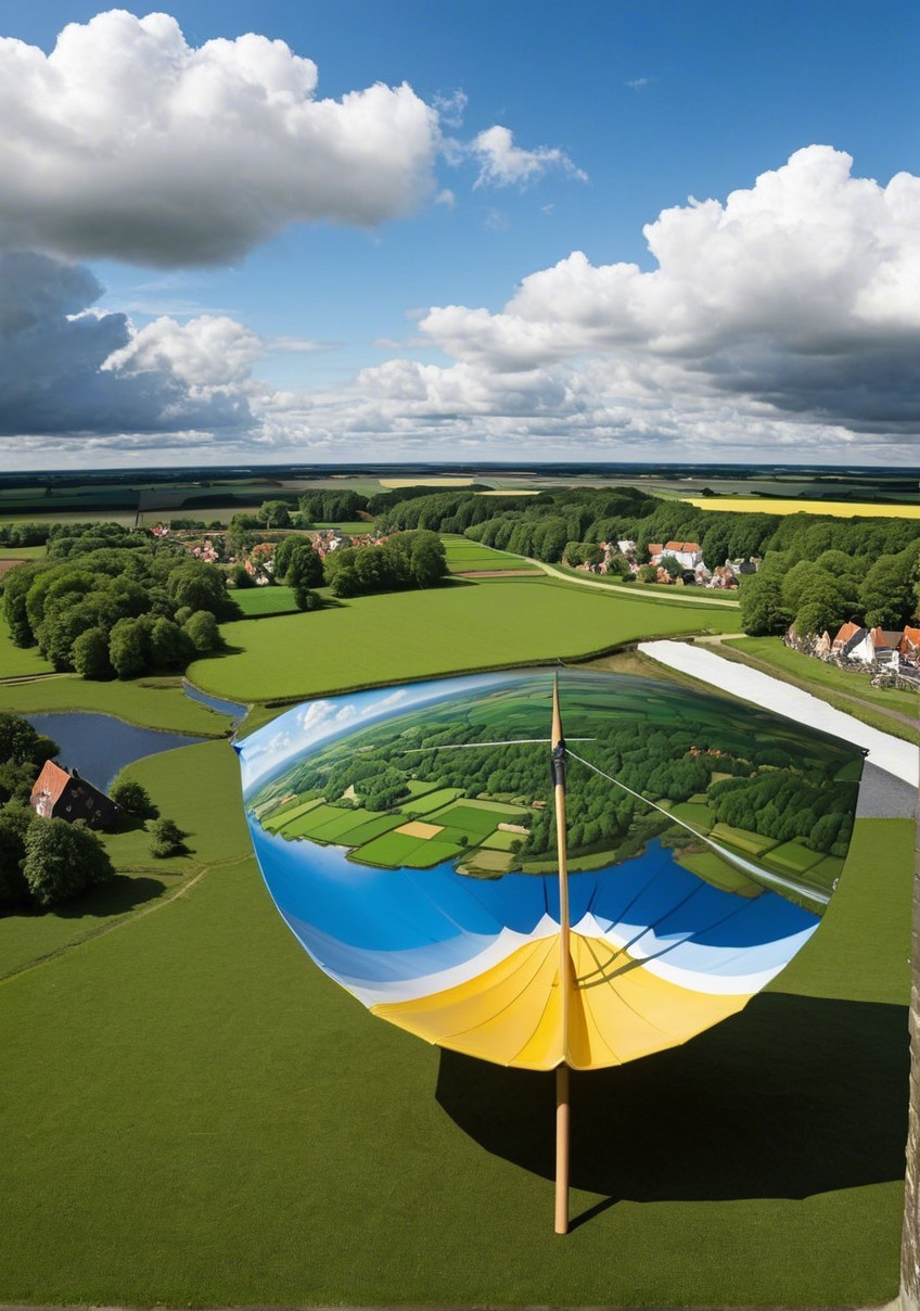 Reflective Umbrella Installation Overlooking Green Landscape