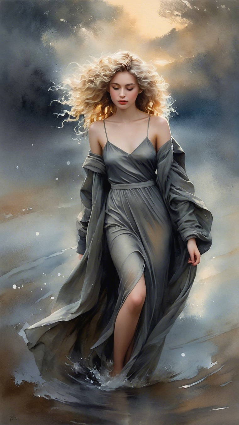 Graceful figure in flowing gray dress by shimmering water
