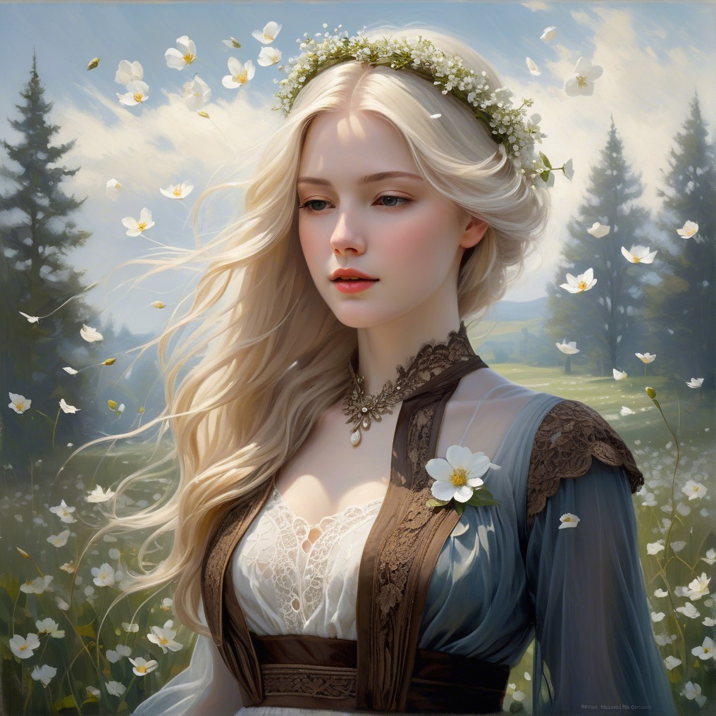 Serene Young Woman in Floral Crown and Elegant Outfit