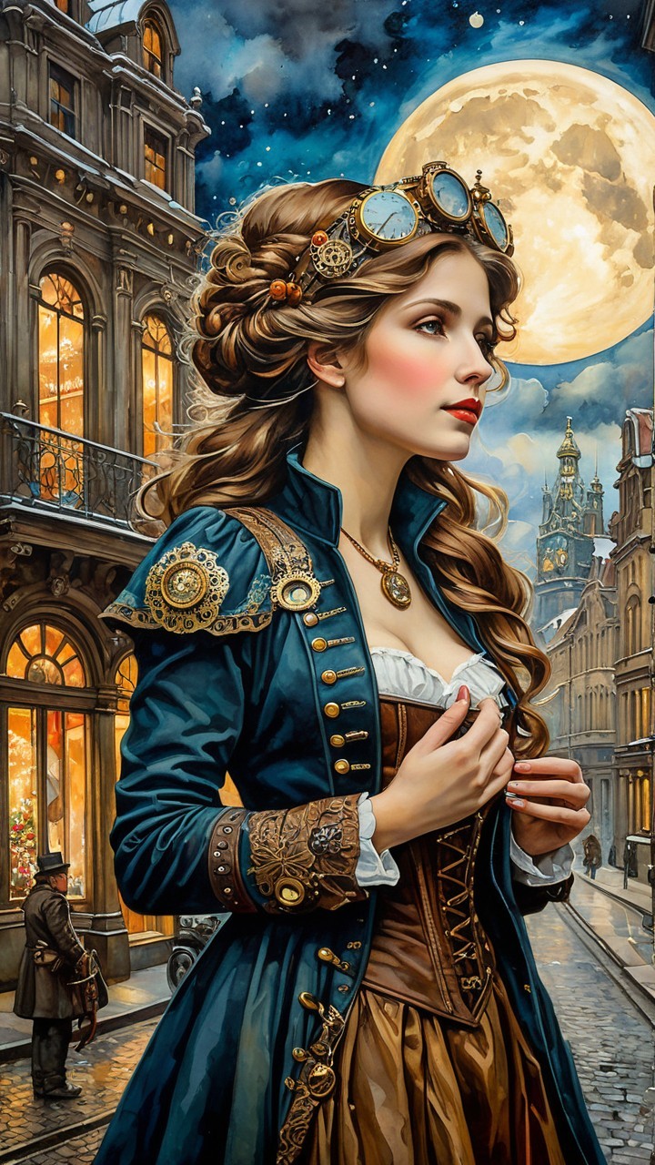 Steampunk Woman in Detailed Digital Painting at Dusk