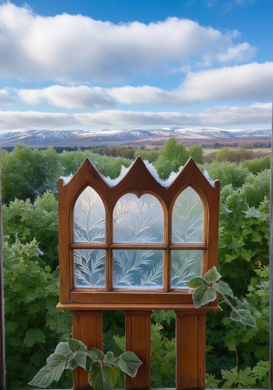 Wooden Window Decoration with Frosted Glass and Plants